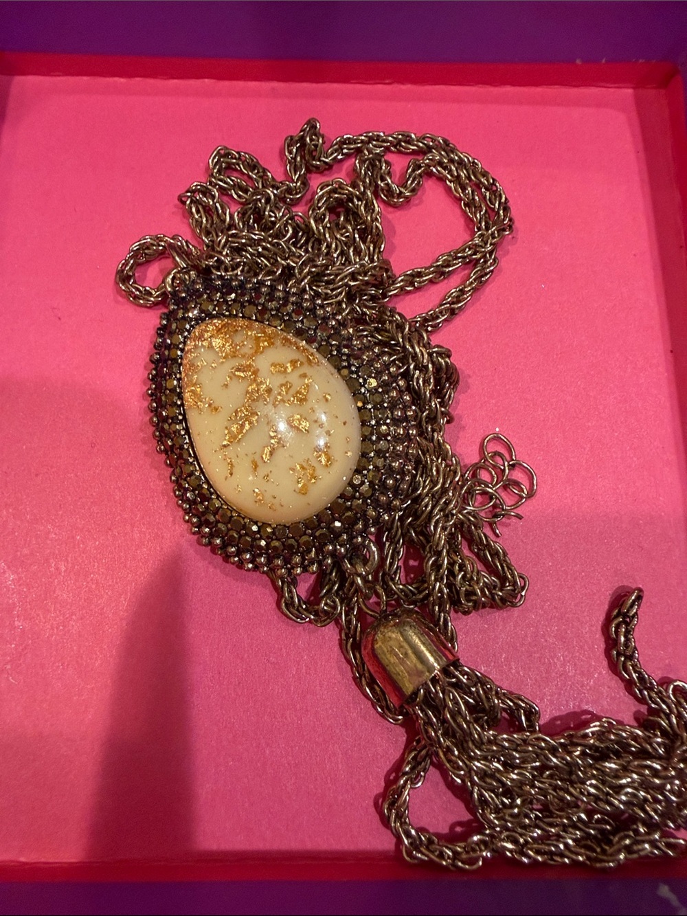 Gold-Tone Chain Necklace with Cream Teardrop and Gold Fleck Pendant